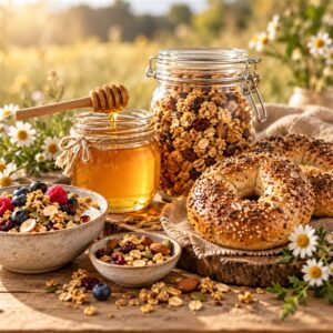 Zestaw śniadaniowy (miód + granola + bajgle)